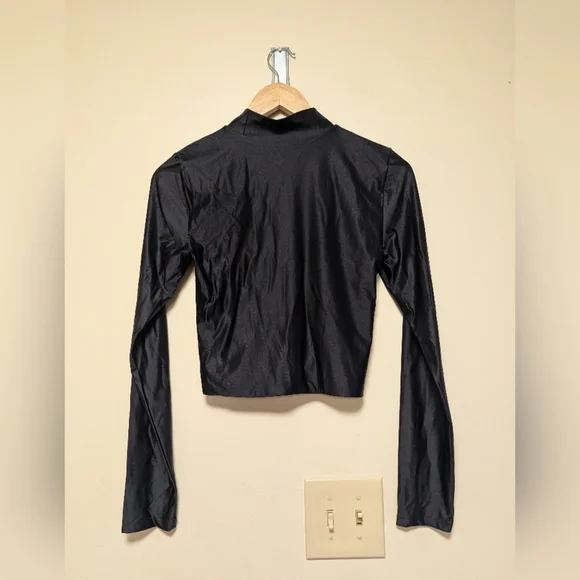 Babaton by Aritzia Black Satin Long Sleeve Mock Neck Blouse – Size M - Picture 3 of 5